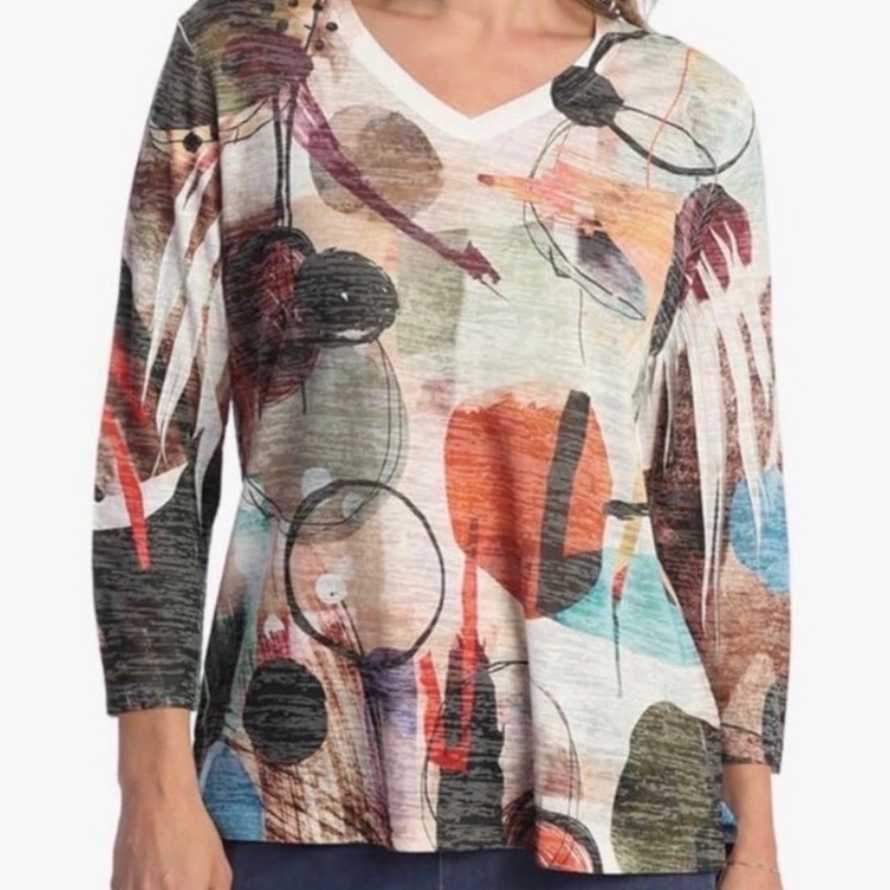 NEW Jess & Jane‎ Toscana Abstract Print V-Neck Top Large Made in USA Lightweight